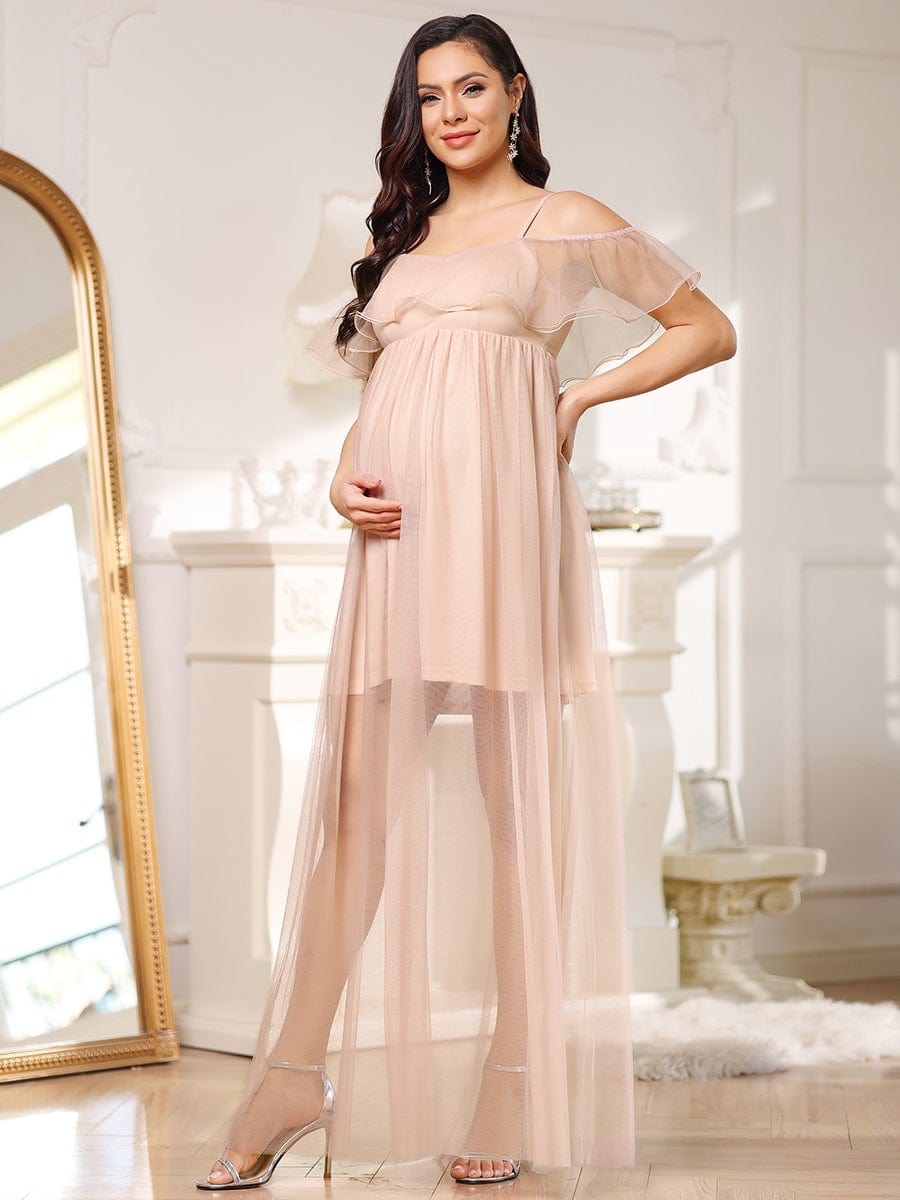 Sheer Ruffle Cold Shoulder Double Skirt Maternity Dress #color_Blush 