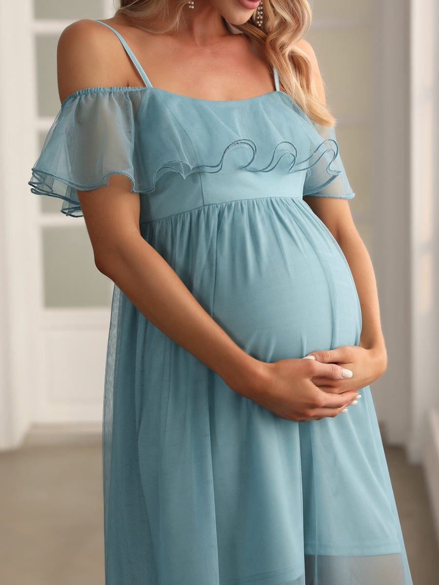 Sheer Ruffle Cold Shoulder Double Skirt Maternity Dress #color_Dusty Blue 