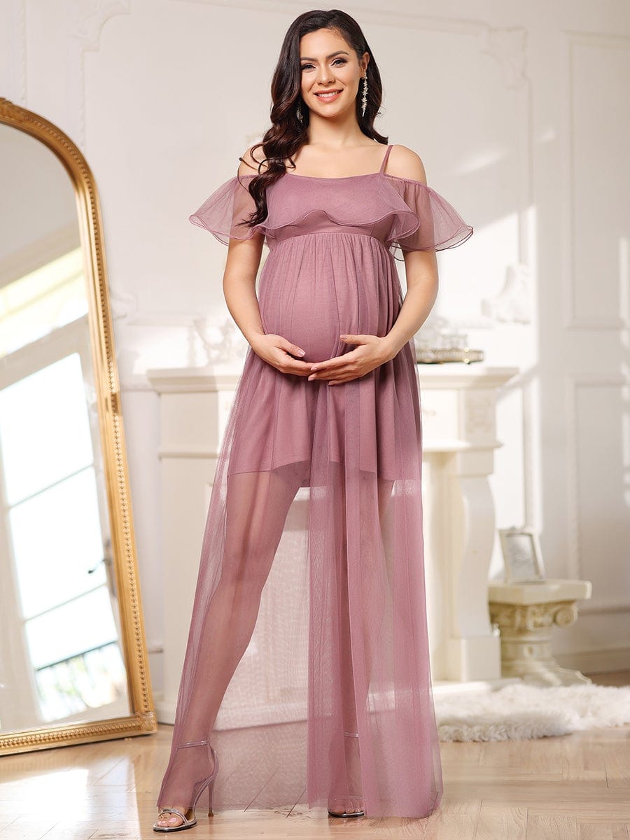 Sheer Ruffle Cold Shoulder Double Skirt Maternity Dress #color_Purple Orchid 