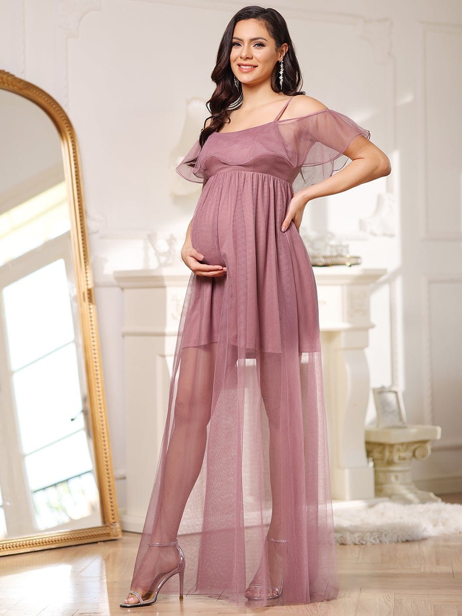 Sheer Ruffle Cold Shoulder Double Skirt Maternity Dress #color_Purple Orchid 