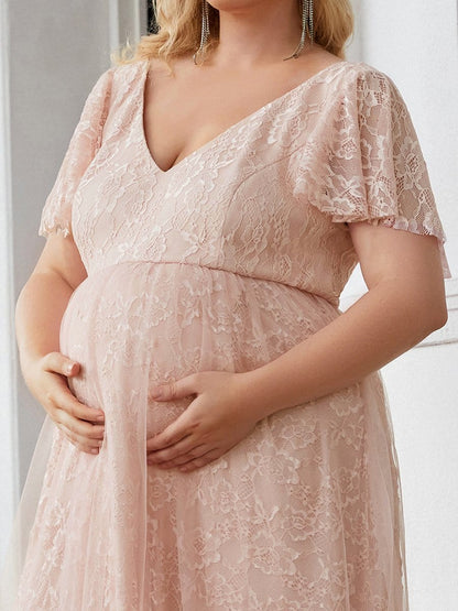 Color=Pink | Plus Size 3/4 Sleeve Lace Maternity Dress-Pink 3