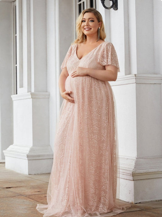 Color=Pink | Plus Size 3/4 Sleeve Lace Maternity Dress-Pink 1