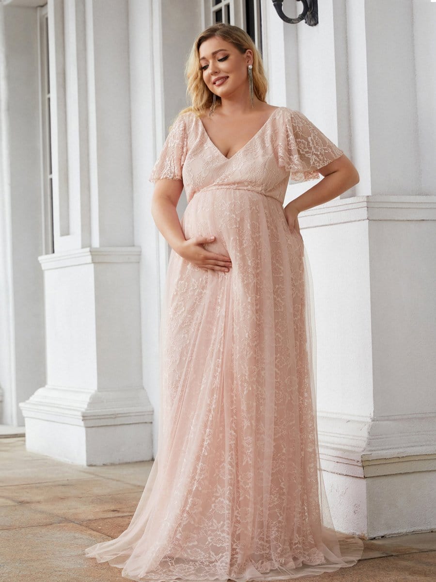 Color=Pink | Plus Size 3/4 Sleeve Lace Maternity Dress-Pink 4