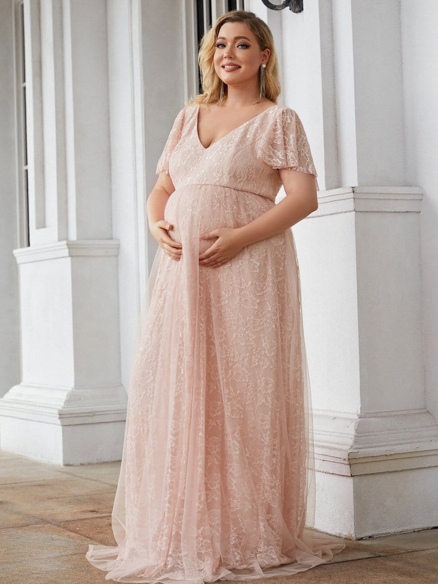 Color=Pink | Plus Size 3/4 Sleeve Lace Maternity Dress-Pink 5