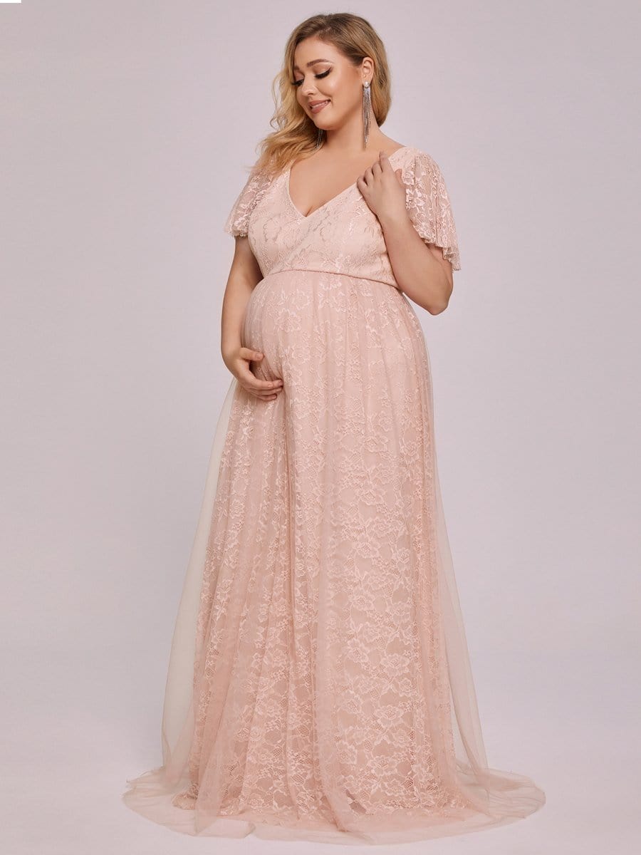 Color=Pink | Plus Size 3/4 Sleeve Lace Maternity Dress-Pink 6