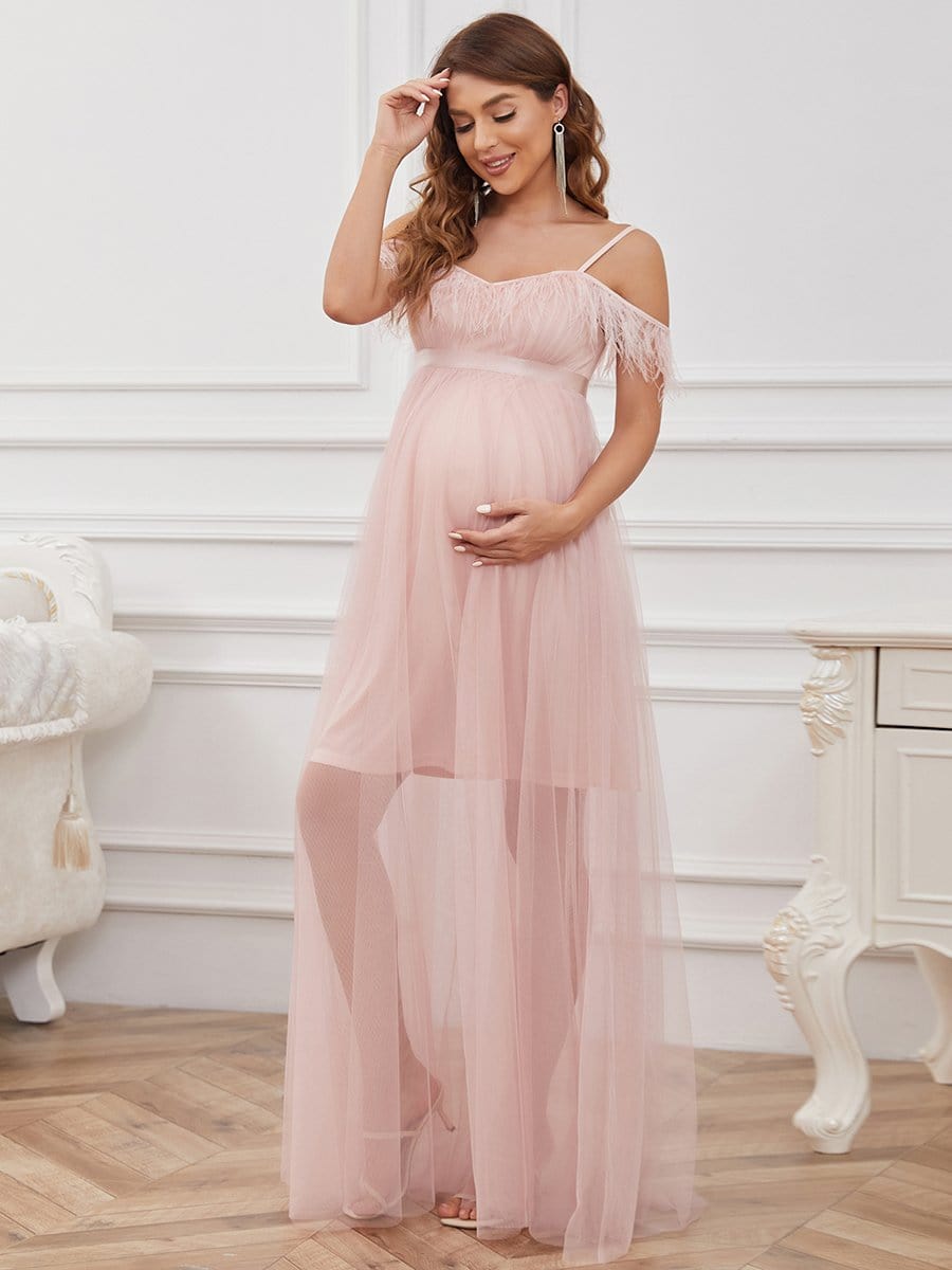 Feather Trim Cold Shoulder Double Skirt Maternity Dress #color_Pink