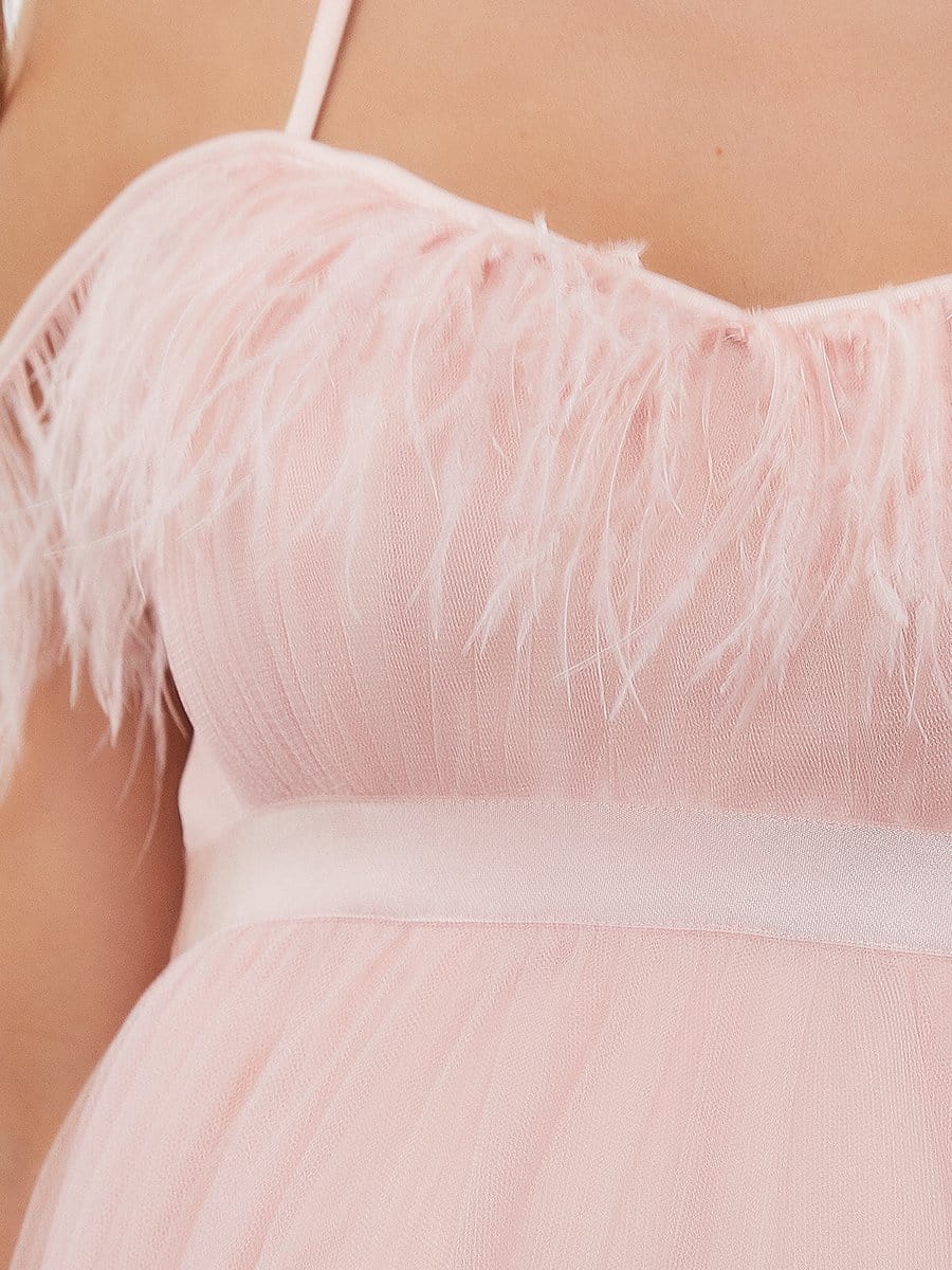 Feather Trim Cold Shoulder Double Skirt Maternity Dress #color_Pink