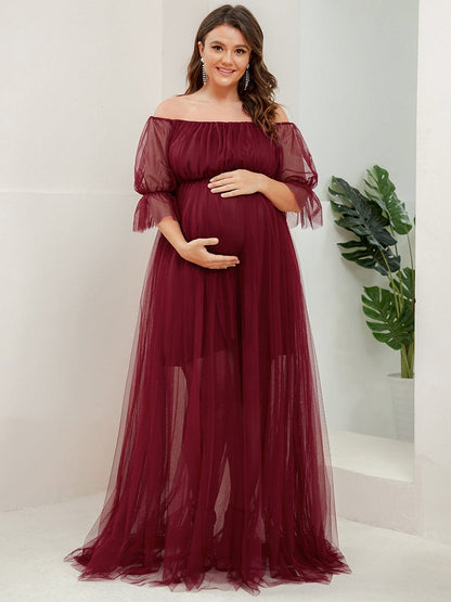 Plus Size Off-Shoulder Tulle Double Skirt Maxi Maternity Dress #color_Burgundy