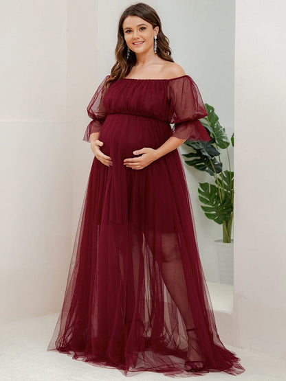 Plus Size Off-Shoulder Tulle Double Skirt Maxi Maternity Dress #color_Burgundy