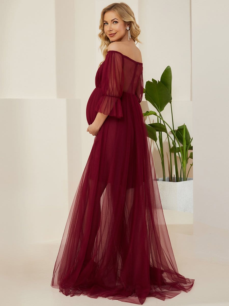 Sheer Off-Shoulder Double Skirt Maxi Maternity Dress #color_Burgundy