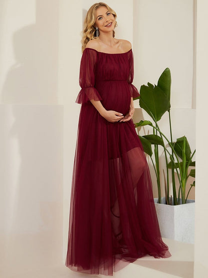 Sheer Off-Shoulder Double Skirt Maxi Maternity Dress #color_Burgundy