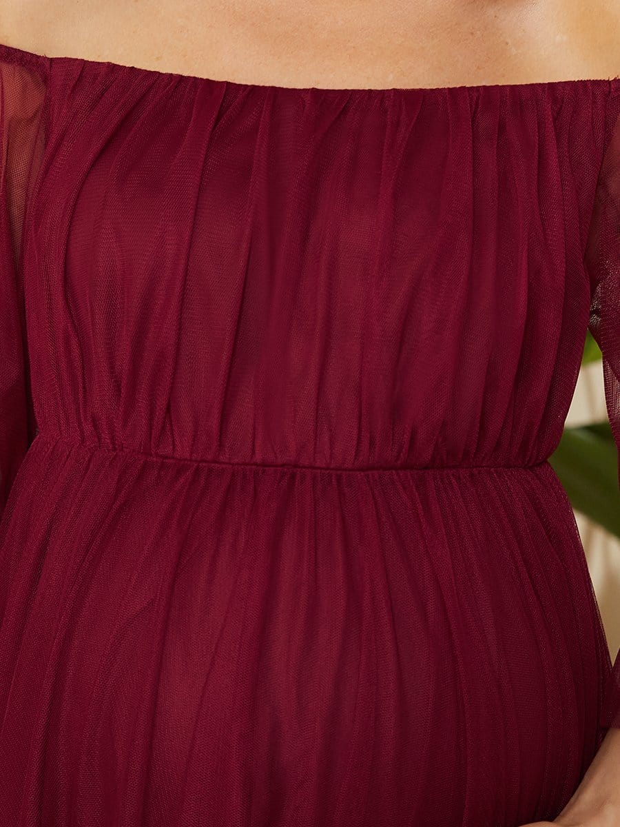 Sheer Off-Shoulder Double Skirt Maxi Maternity Dress #color_Burgundy