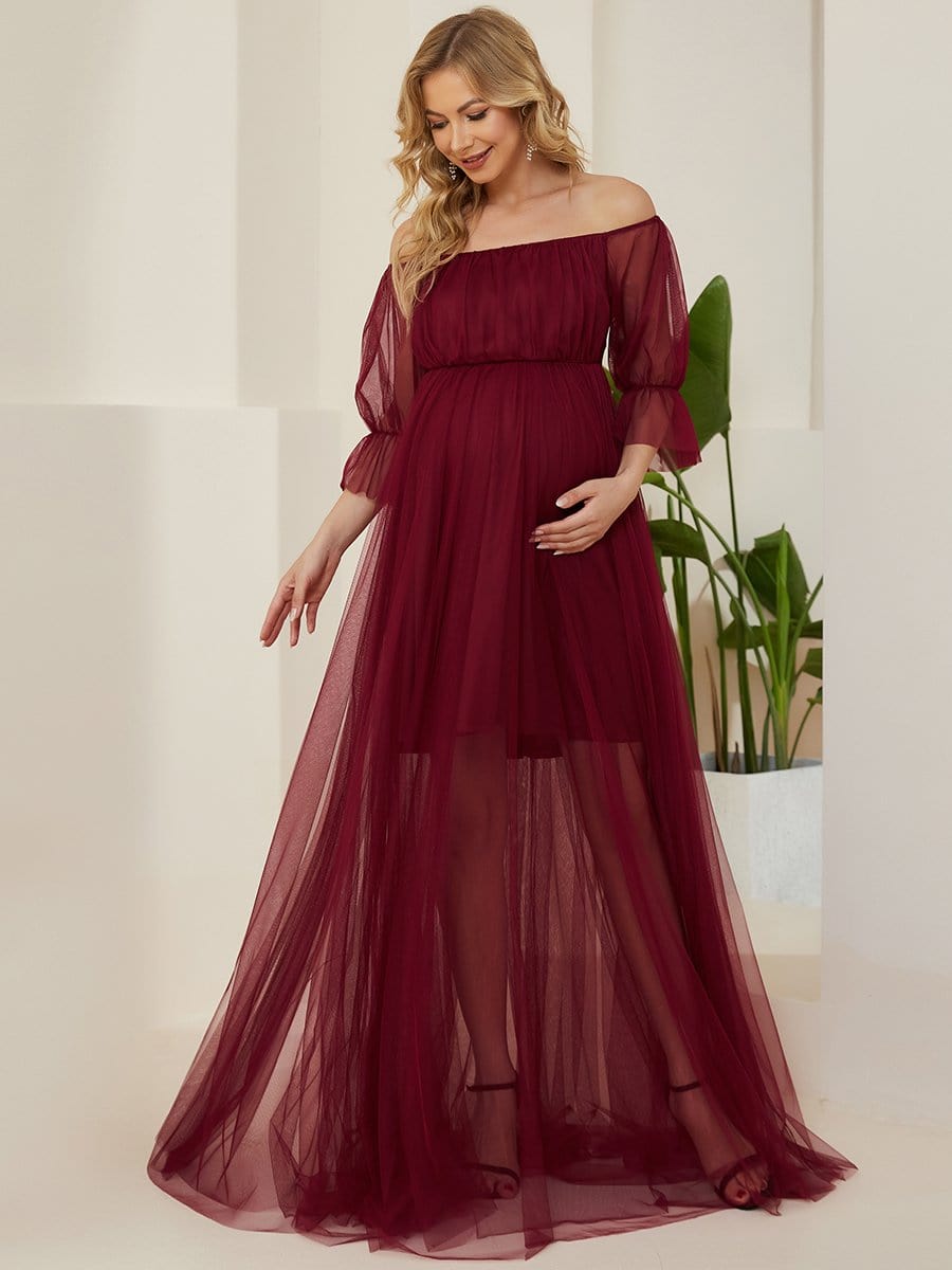 Sheer Off-Shoulder Double Skirt Maxi Maternity Dress #color_Burgundy