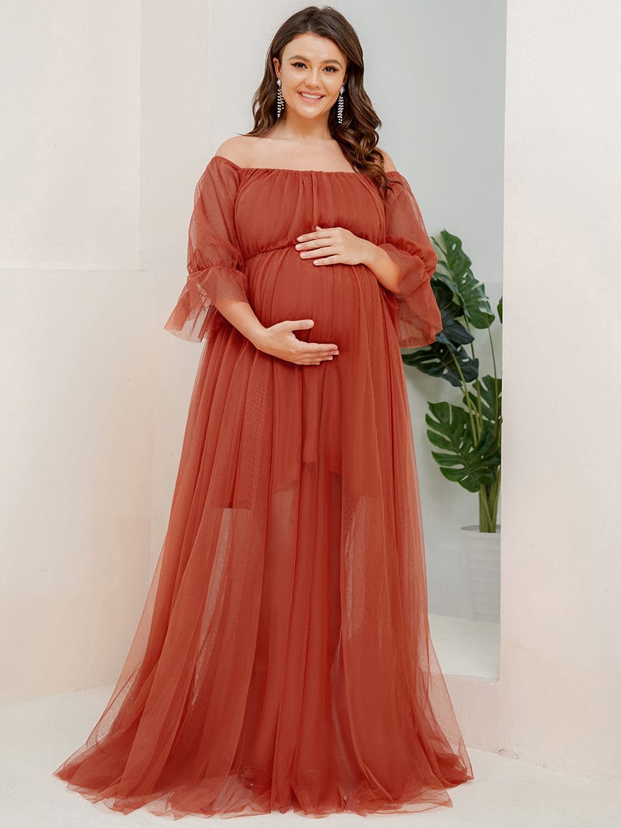 Plus Size Off-Shoulder Tulle Double Skirt Maxi Maternity Dress #color_Burnt Orange