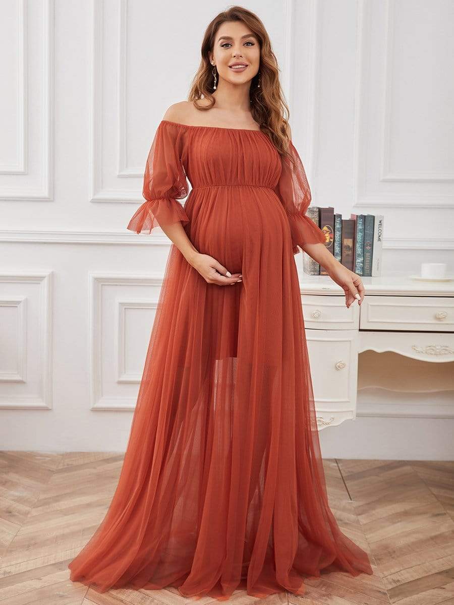 Sheer Off-Shoulder Double Skirt Maxi Maternity Dress #color_Burnt Orange