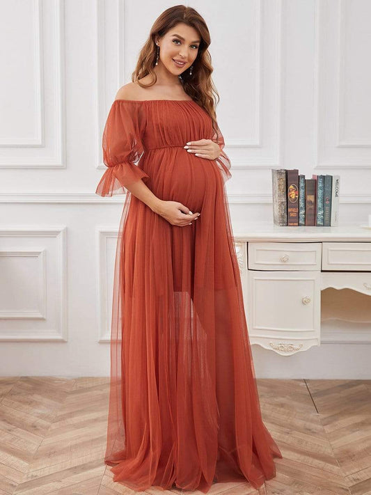 Sheer Off-Shoulder Double Skirt Maxi Maternity Dress #color_Burnt Orange