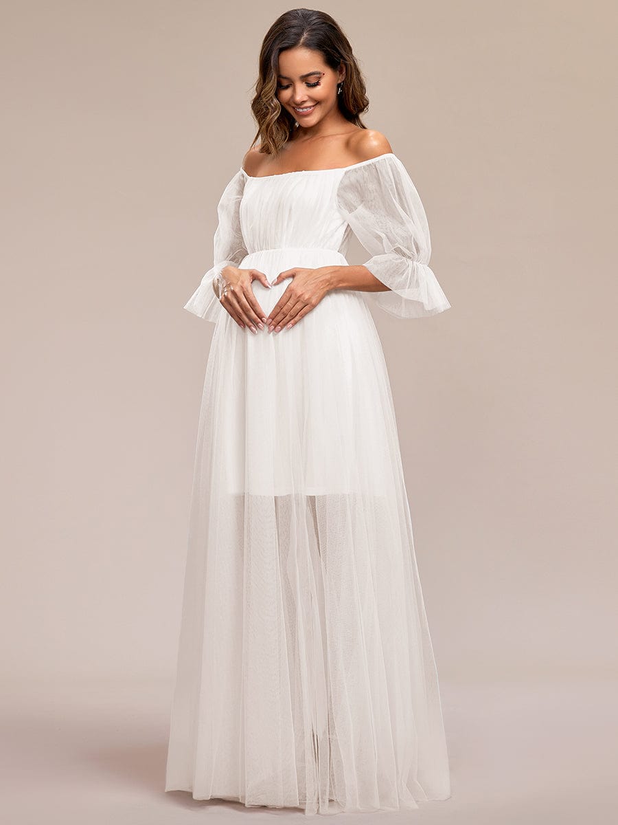 Sheer Off-Shoulder Double Skirt Maxi Maternity Dress #color_Cream