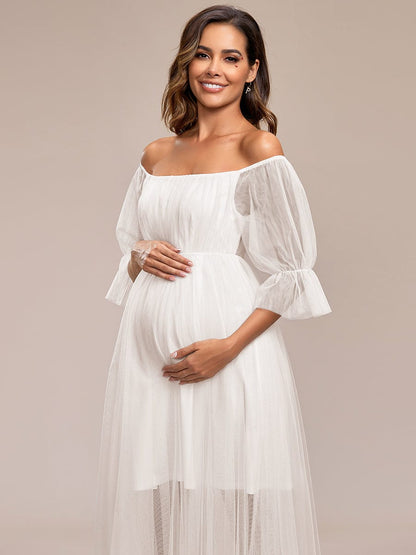 Sheer Off-Shoulder Double Skirt Maxi Maternity Dress #color_Cream