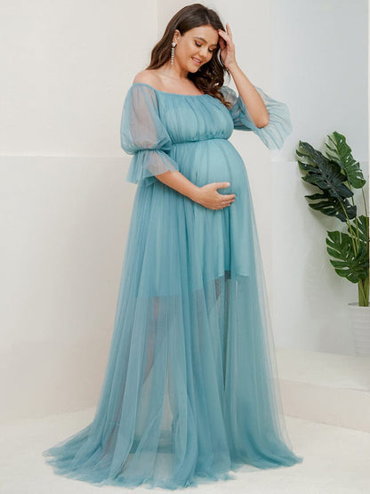 Plus Size Off-Shoulder Tulle Double Skirt Maxi Maternity Dress #color_Dusty Blue