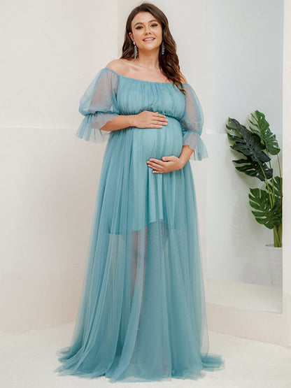 Plus Size Off-Shoulder Tulle Double Skirt Maxi Maternity Dress #color_Dusty Blue