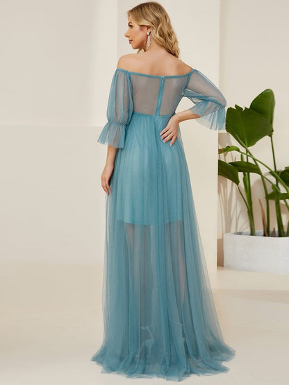 Sheer Off-Shoulder Double Skirt Maxi Maternity Dress #color_Dusty Blue