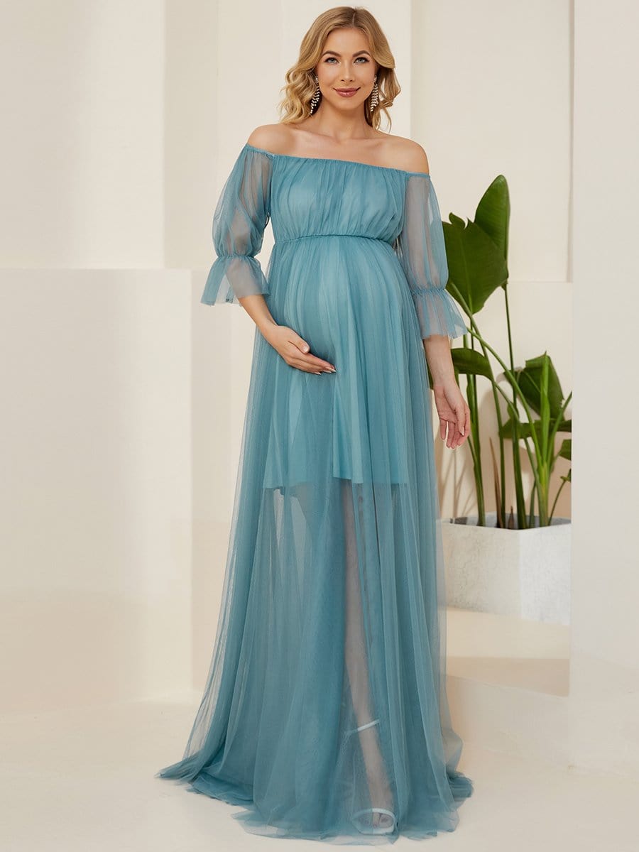 Sheer Off-Shoulder Double Skirt Maxi Maternity Dress #color_Dusty Blue