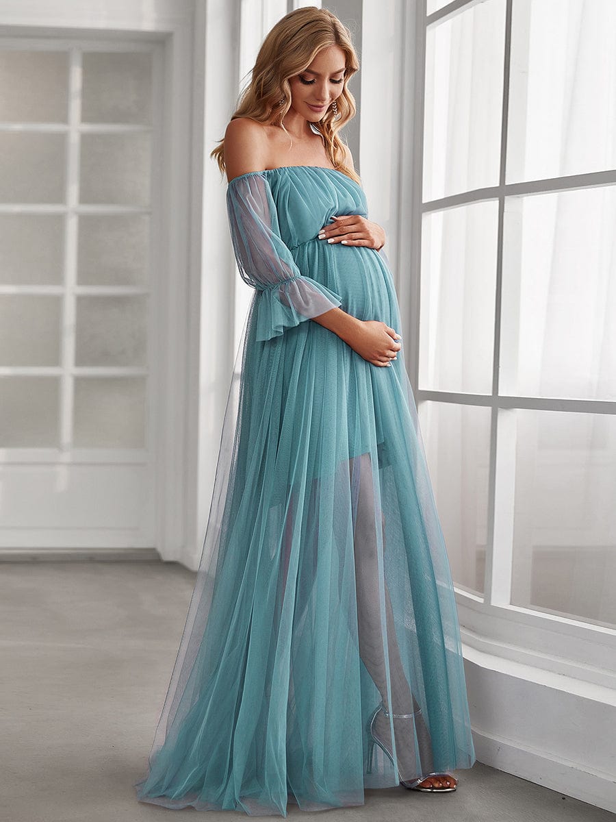 Sheer Off-Shoulder Double Skirt Maxi Maternity Dress #color_Dusty Blue