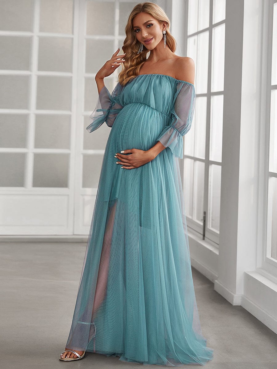 Sheer Off-Shoulder Double Skirt Maxi Maternity Dress #color_Dusty Blue