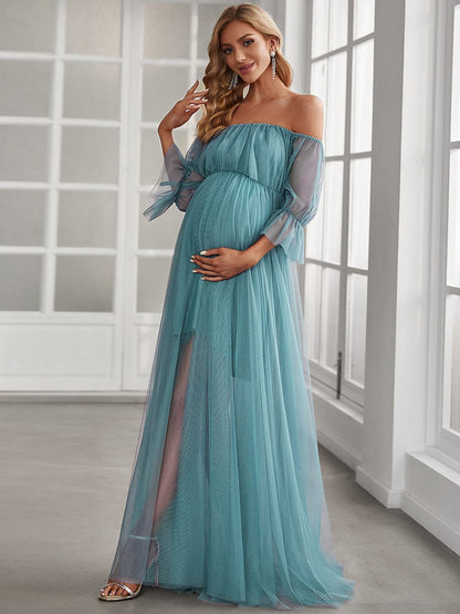 Sheer Off-Shoulder Double Skirt Maxi Maternity Dress #color_Dusty Blue