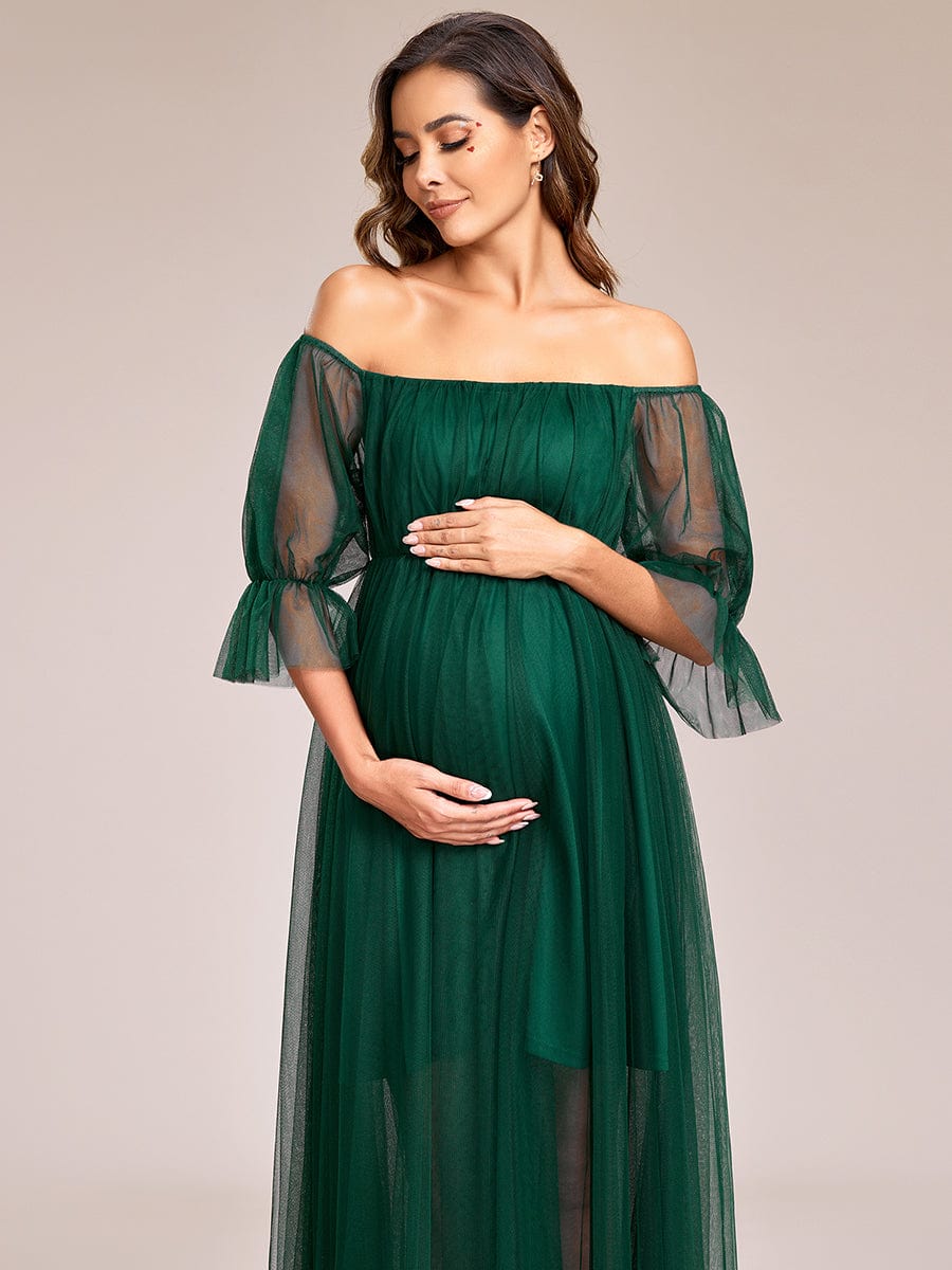 Sheer Off-Shoulder Double Skirt Maxi Maternity Dress #color_Dark Green