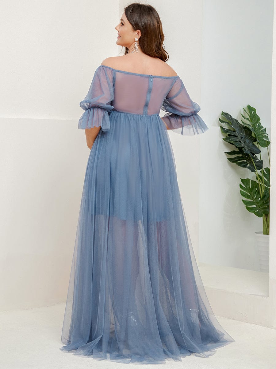 Plus Size Off-Shoulder Tulle Double Skirt Maxi Maternity Dress #color_Dusty Navy