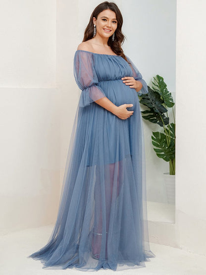 Plus Size Off-Shoulder Tulle Double Skirt Maxi Maternity Dress #color_Dusty Navy