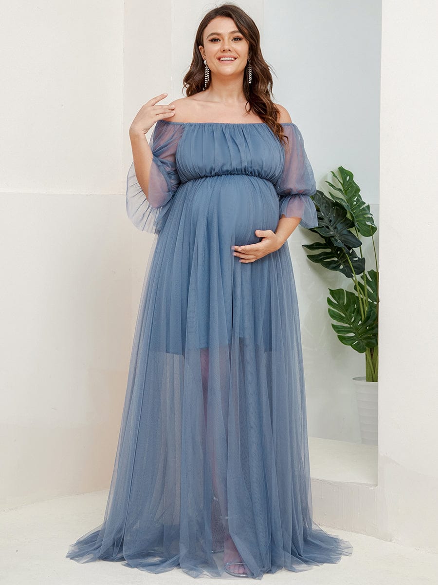 Plus Size Off-Shoulder Tulle Double Skirt Maxi Maternity Dress #color_Dusty Navy