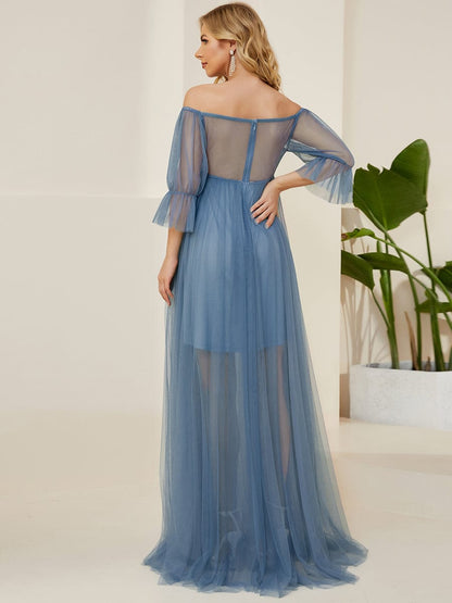 Sheer Off-Shoulder Double Skirt Maxi Maternity Dress #color_Dusty Navy