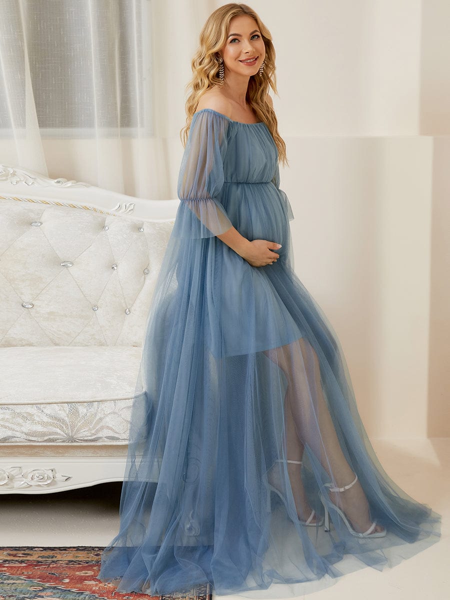 Sheer Off-Shoulder Double Skirt Maxi Maternity Dress #color_Dusty Navy