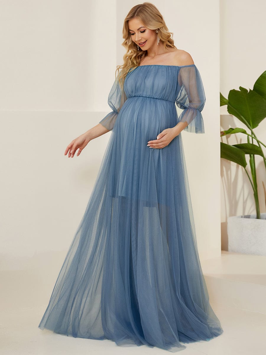 Sheer Off-Shoulder Double Skirt Maxi Maternity Dress #color_Dusty Navy