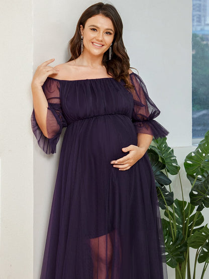 Plus Size Off-Shoulder Tulle Double Skirt Maxi Maternity Dress #color_Dark Purple