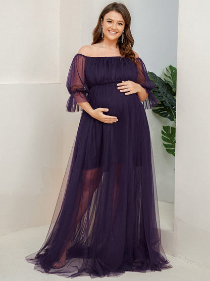 Plus Size Off-Shoulder Tulle Double Skirt Maxi Maternity Dress #color_Dark Purple