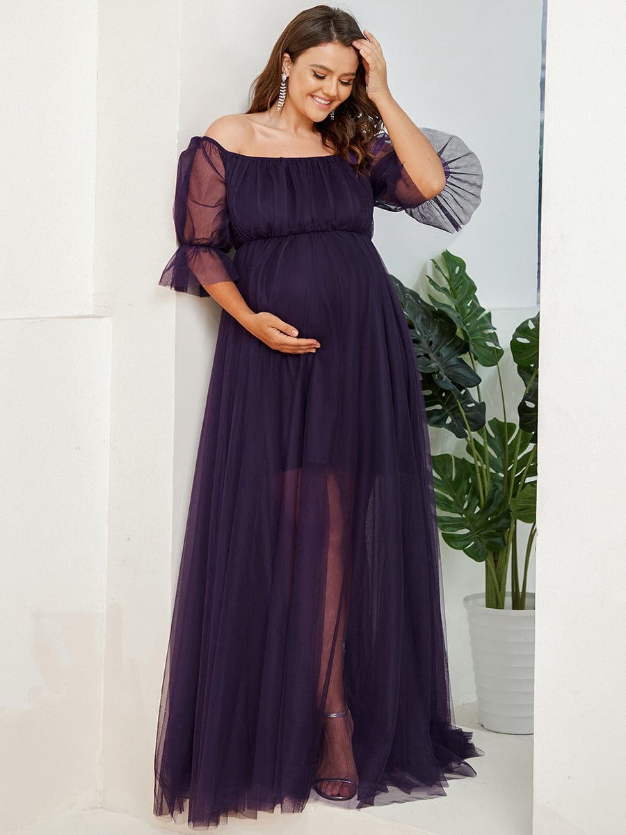 Plus Size Off-Shoulder Tulle Double Skirt Maxi Maternity Dress #color_Dark Purple