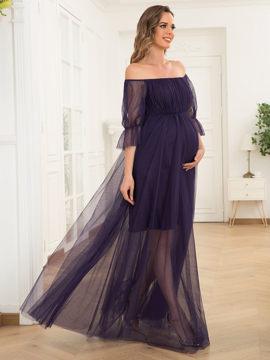 Sheer Off-Shoulder Double Skirt Maxi Maternity Dress #color_Dark Purple