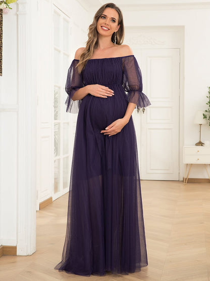 Sheer Off-Shoulder Double Skirt Maxi Maternity Dress #color_Dark Purple