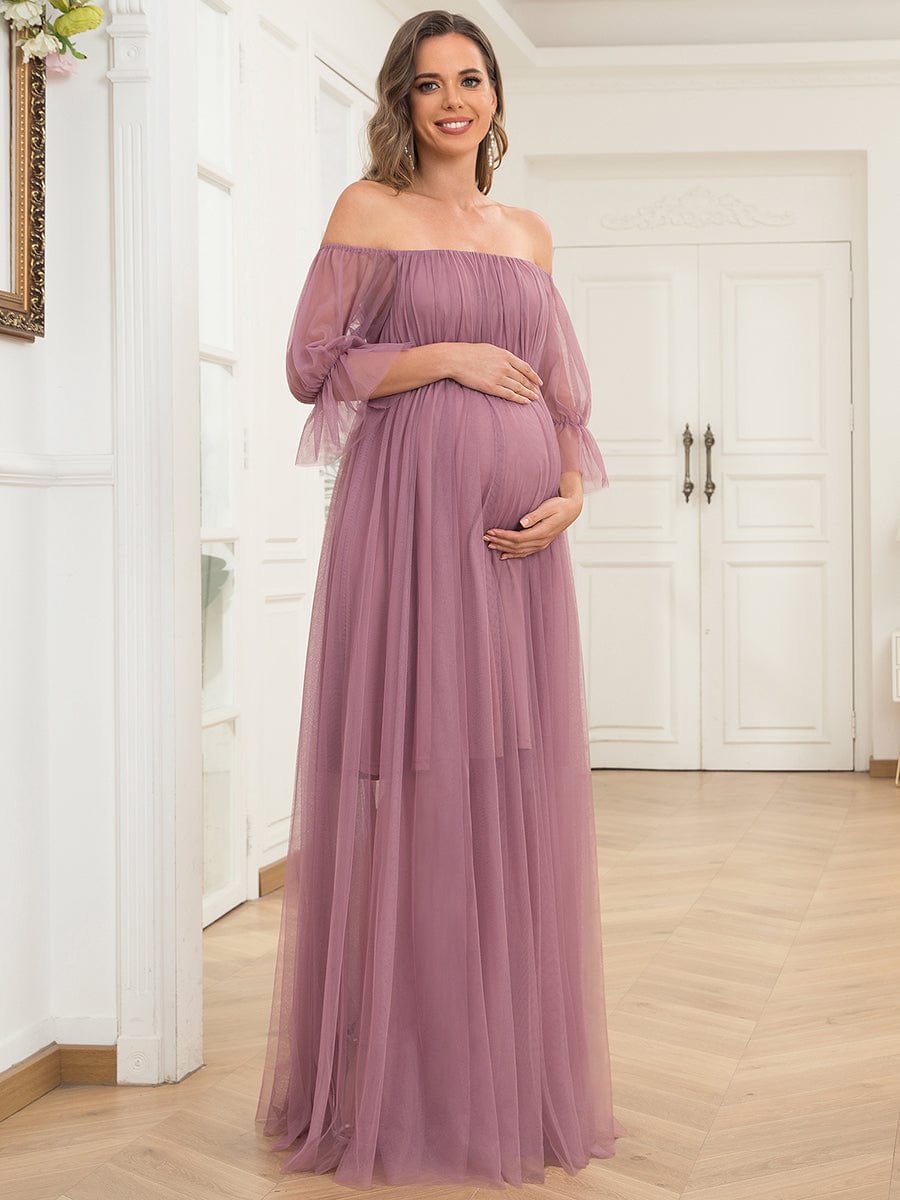 Sheer Off-Shoulder Double Skirt Maxi Maternity Dress #color_Purple Orchid