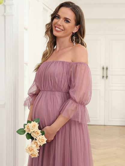 Sheer Off-Shoulder Double Skirt Maxi Maternity Dress #color_Purple Orchid