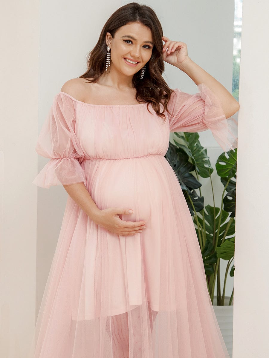 Plus Size Off-Shoulder Tulle Double Skirt Maxi Maternity Dress #color_Pink