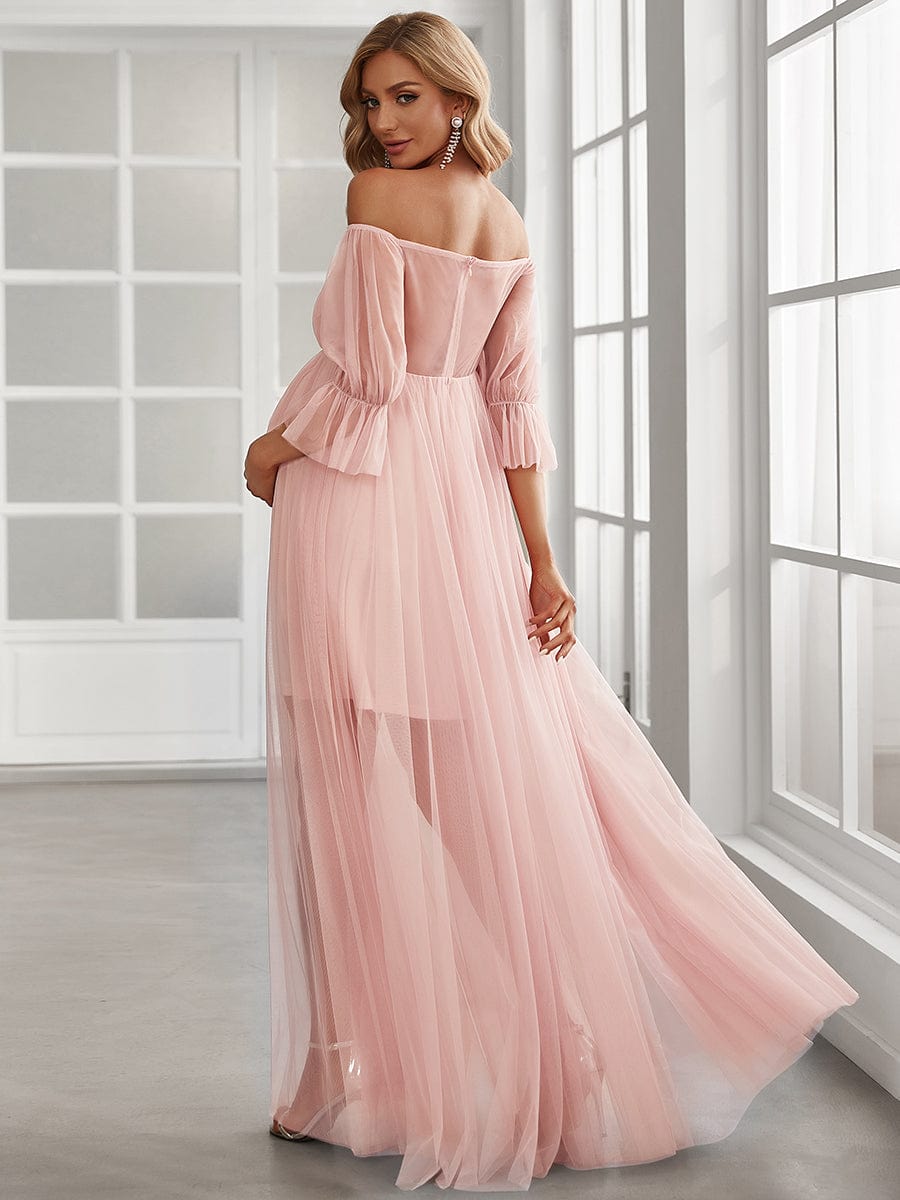 Sheer Off-Shoulder Double Skirt Maxi Maternity Dress #color_Pink