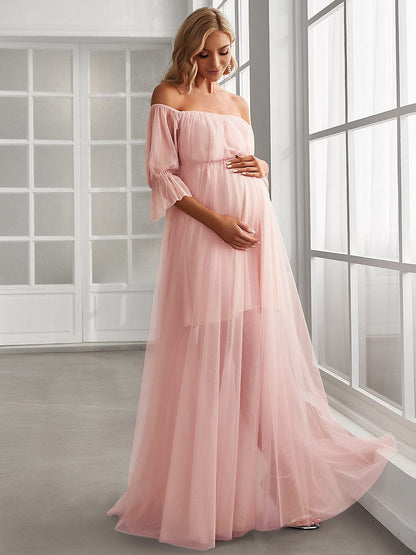 Sheer Off-Shoulder Double Skirt Maxi Maternity Dress #color_Pink