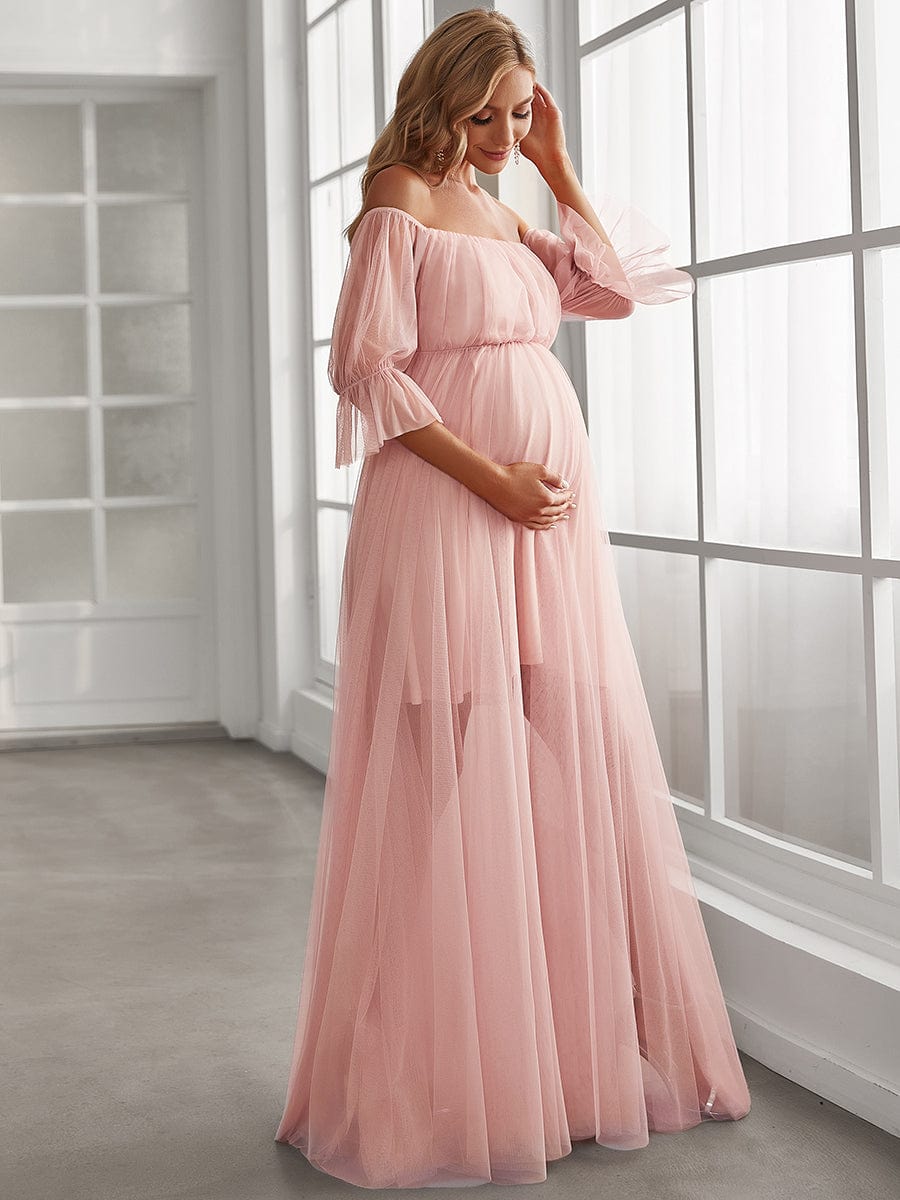 Sheer Off-Shoulder Double Skirt Maxi Maternity Dress #color_Pink