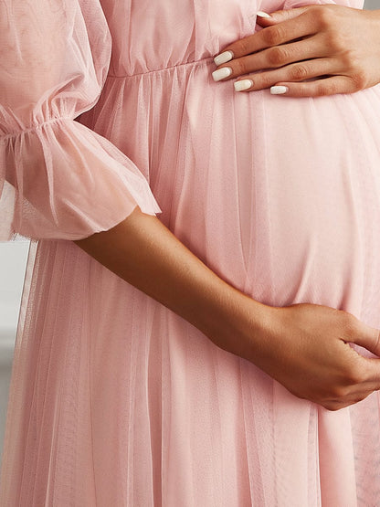 Sheer Off-Shoulder Double Skirt Maxi Maternity Dress #color_Pink