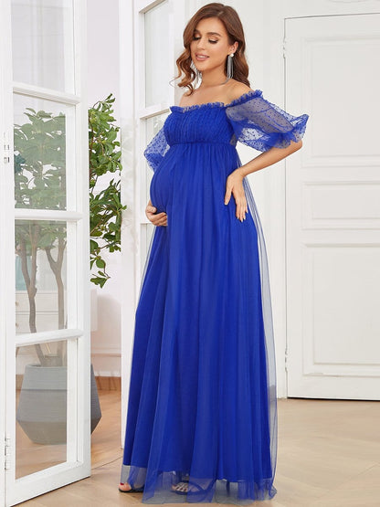 Short Balloon Sleeve Sheer Polka Dot A-Line Maternity Dress #color_Sapphire Blue