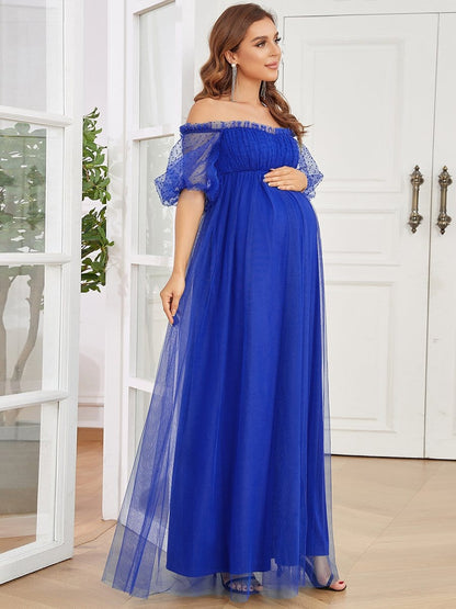 Short Balloon Sleeve Sheer Polka Dot A-Line Maternity Dress #color_Sapphire Blue